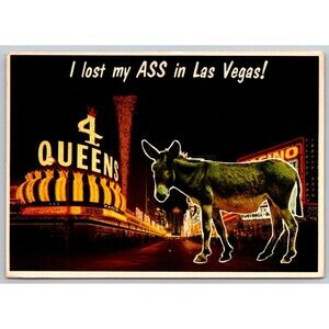 Postcard Humor Lost My Ass in Las Vegas 4 Queens Casino Posted 1984 NV Donkey